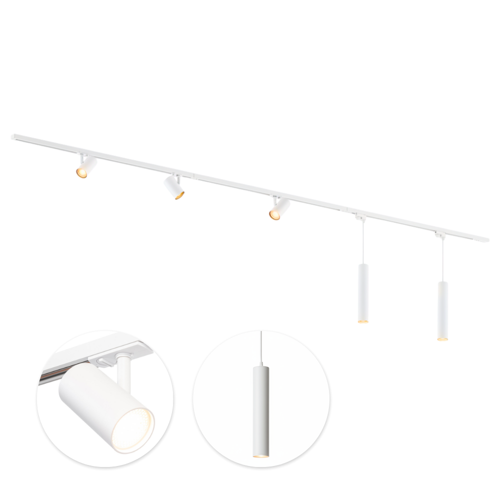 Qub Éclairage sur rail monophasé - GU10 - 300 cm - forme I - 3 spots Viror Mesh – 2 suspensions - système sur rail - Blanc