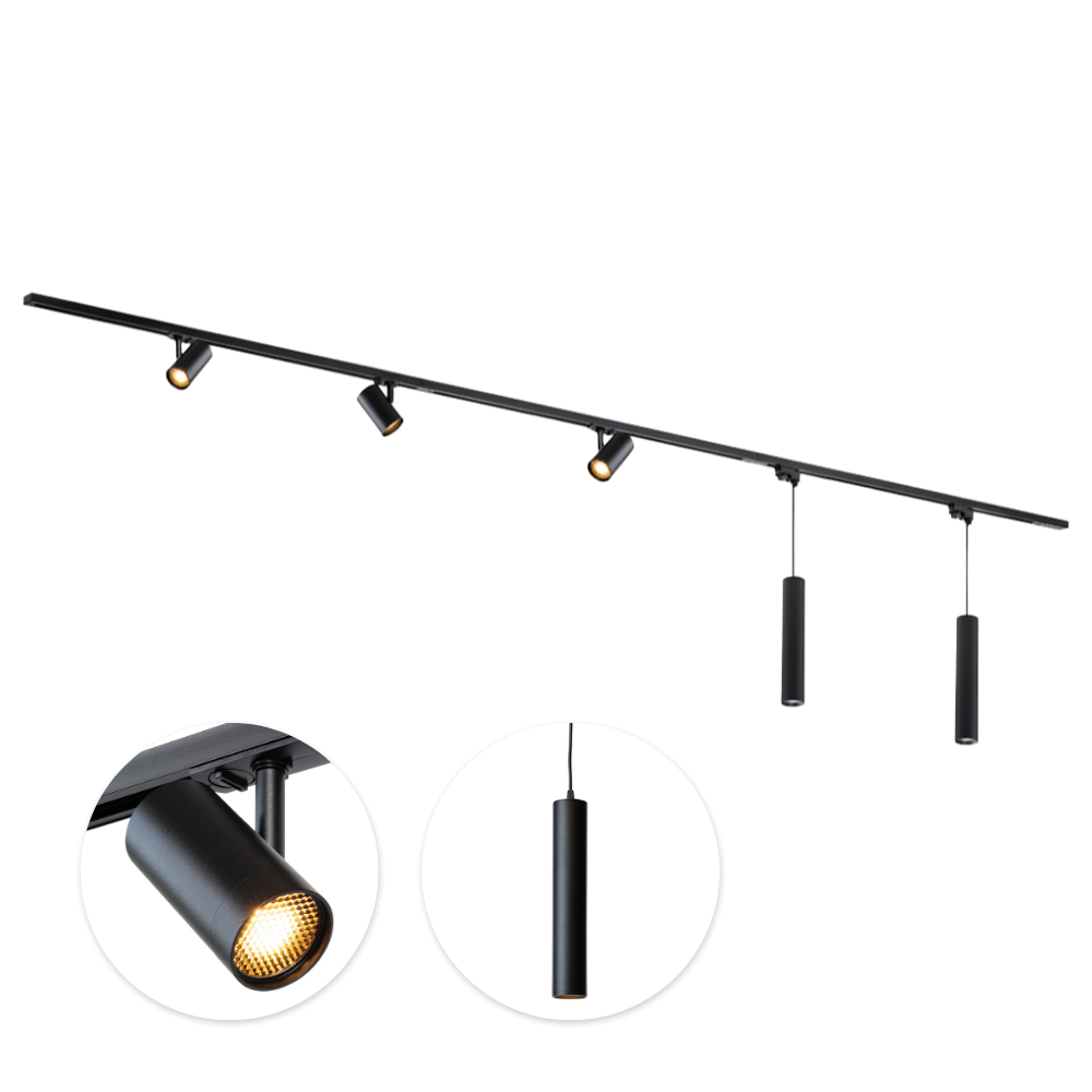 Qub Focus III 1-phase track lighting - GU10 - 300 cm - I-shape - 3 Viror Mesh spotlights - 2 pendant lights – track system – Black Qub Focus III 1-phase track lighting - GU10 - 300 cm - I-shape - 3 Viror Mesh spotlights - 2 pendant lights – track system – Black
