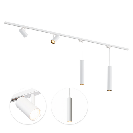 Qub Focus III 1-phase track lighting - GU10 - 200 cm - I-shape - 2 Viror Mesh spotlights - 2 pendant lights – track system – White Qub Focus III 1-phase track lighting - GU10 - 200 cm - I-shape - 2 Viror Mesh spotlights - 2 pendant lights – track system – White
