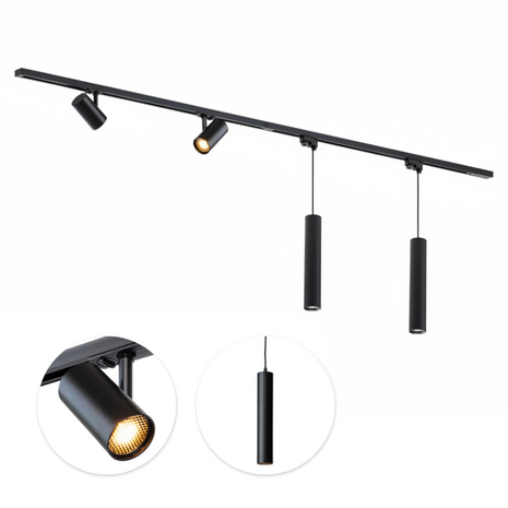 Qub Focus III 1-phase track lighting – GU10 – 200 cm – I-shape – 2 Viror Mesh spotlights – 2 pendant lights – track system – Black Qub Focus III 1-phase track lighting – GU10 – 200 cm – I-shape – 2 Viror Mesh spotlights – 2 pendant lights – track system – Black