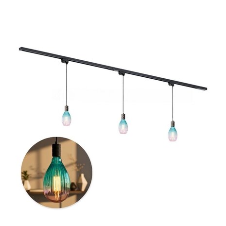 Qub Qub 1-Phasen Schienensystem - 200cm - 3x Solune E27 Filament Pendelleuchten - I-Form - Schwarz - Rosa-Blauer Farbverlauf - Einfache Montage - Modernes Design
