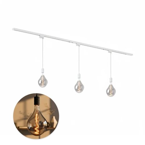 Qub 1-Phase Rail Lighting - E27 – 200 cm – I-shaped - 3 Vespera Pendant Lights - Rail System – White