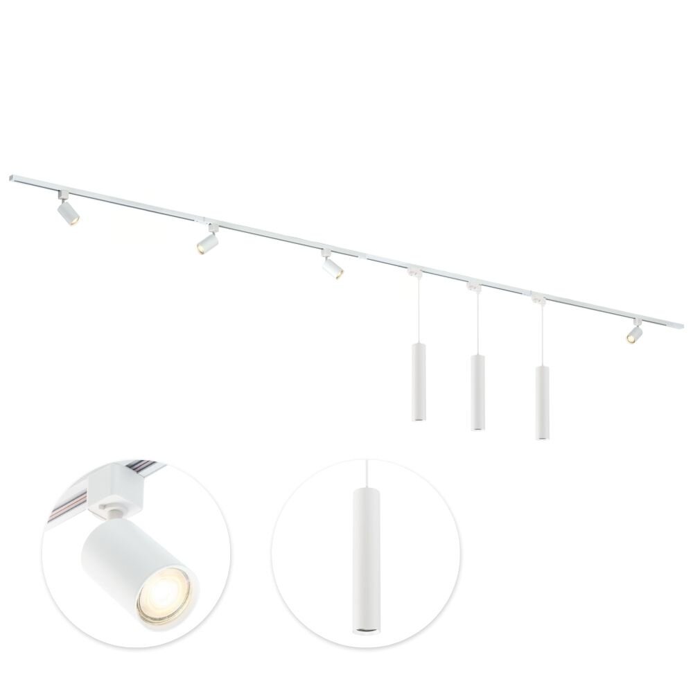 Qub Focus III Track Lighting 4 Spots and 3 Pendant Lights White - 400cm - I-Shape Qub Focus III Track Lighting 4 Spots and 3 Pendant Lights White - 400cm - I-Shape