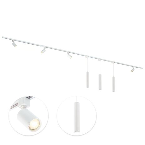 Qub Qub Focus III 1-Phasen Led Schienensystem Komplettset - 400cm - Set 4 Spots und 3 Pendelleuchten - 4x 1m Schienen - I-Form - GU10 & LED-Kompatibel - Erweiterbar & flexibel - Spot lampe - Weiß