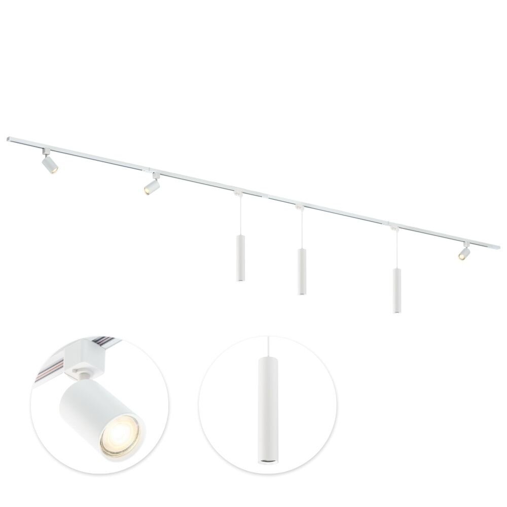Qub Focus III railverlichting 3 spots en 3 hanglampen Wit - 400cm - I-vorm