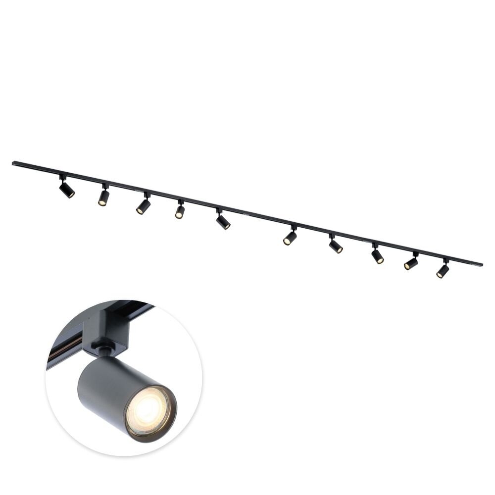 Qub Focus III - 1-Circuit Track Lighting - GU10 – 600cm – I-Shape - 10 Spots - Track System - Black