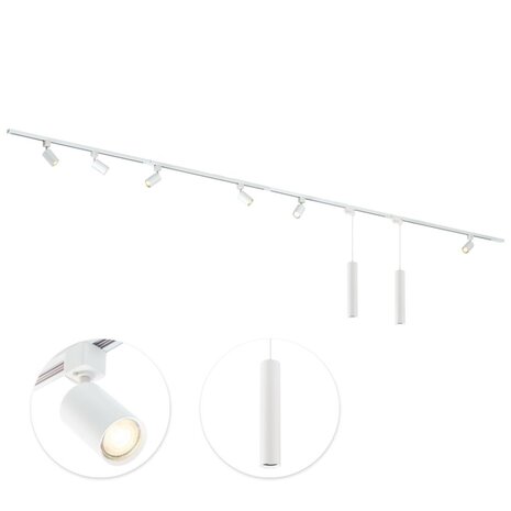 Qub Qub Focus III 1-Phasen Led Schienensystem Komplettset - 400cm - Set 6 Spots und 2 Pendelleuchten - 4x 1m Schienen - I-Form - GU10 & LED-Kompatibel - Erweiterbar & flexibel - Spot lampe - Weiß