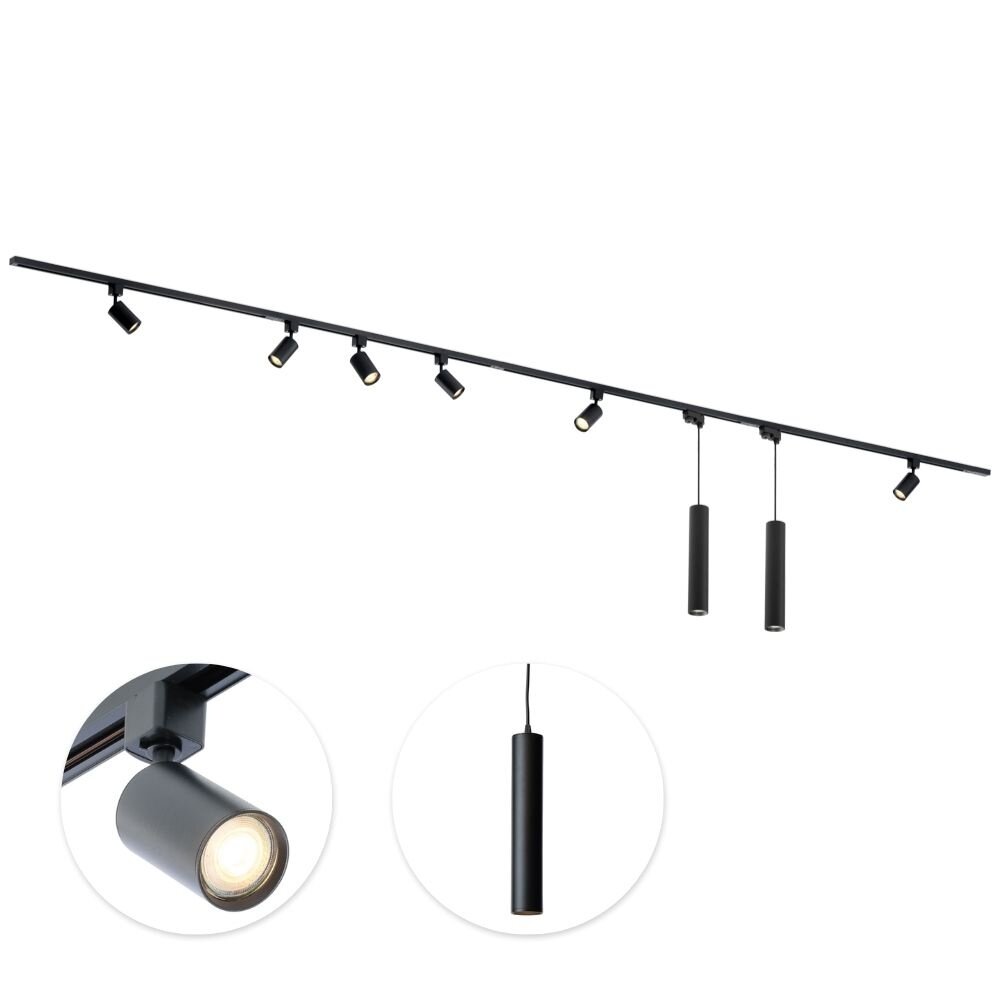 Qub Focus III Track Lighting 6 Spots and 2 Pendant Lights Black - 400cm - I-Shape