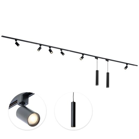 Qub Focus III railverlichting 6 spots en 2 hanglampen zwart - 400cm - I-vorm
