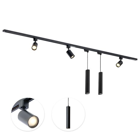 Qub Qub Focus III Monophasé Luminaire Plafonnier Kit Complet – 300cm - Set 3 Spot & 2 Suspension Luminaire - 3x 1m Barre de Spot Plafond –  I-Form - GU10 & LED Compatible Plafonnier intérieur Noir Moderne
