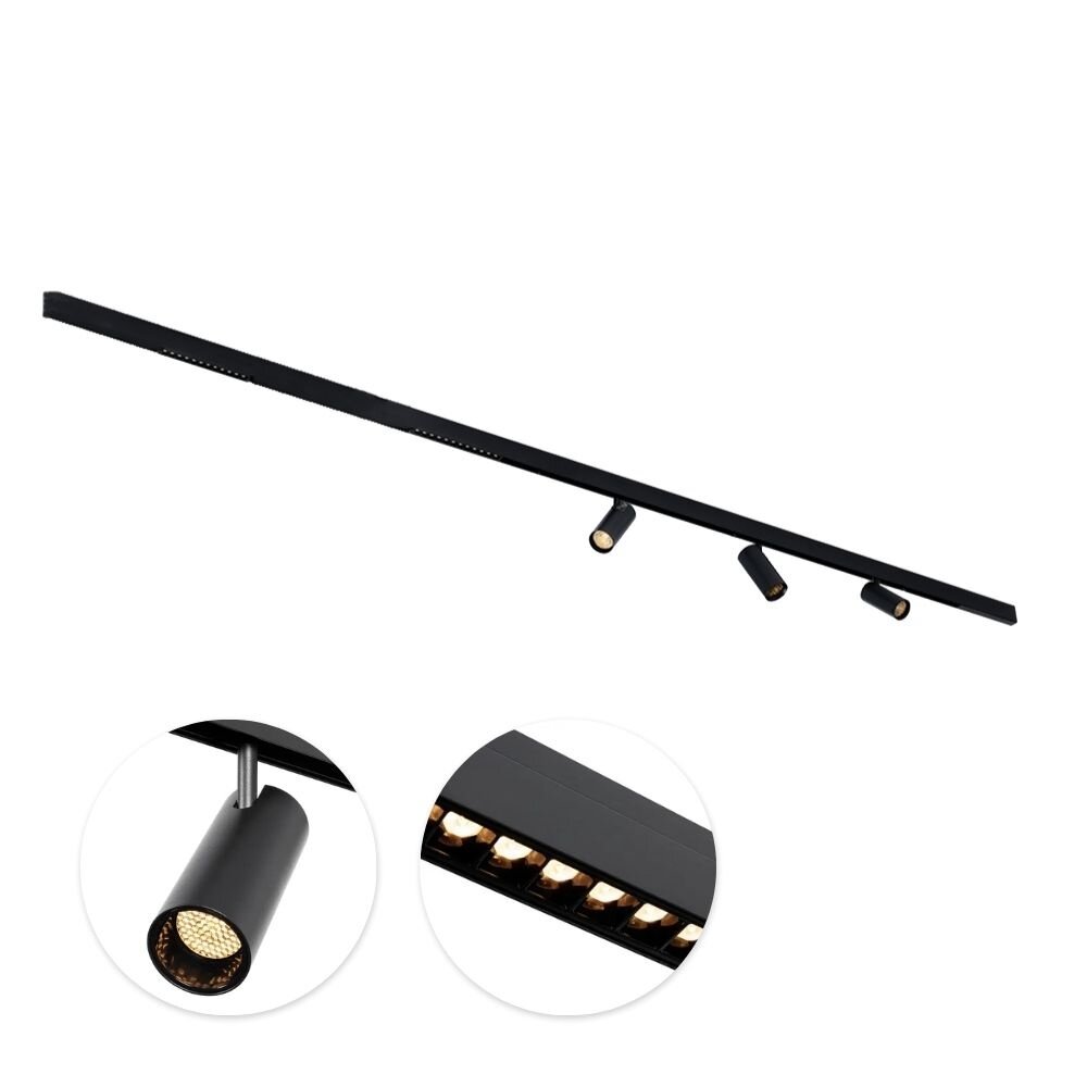 Qub Line Magnetic Track - 3 Metres - 3x Single Track Spot + 2x 12 Dots Track Spot - Black - Zigbee - Smart Lighting Qub Line Magnetic Track - 3 Metres - 3x Single Track Spot + 2x 12 Dots Track Spot - Black - Zigbee - Smart Lighting
