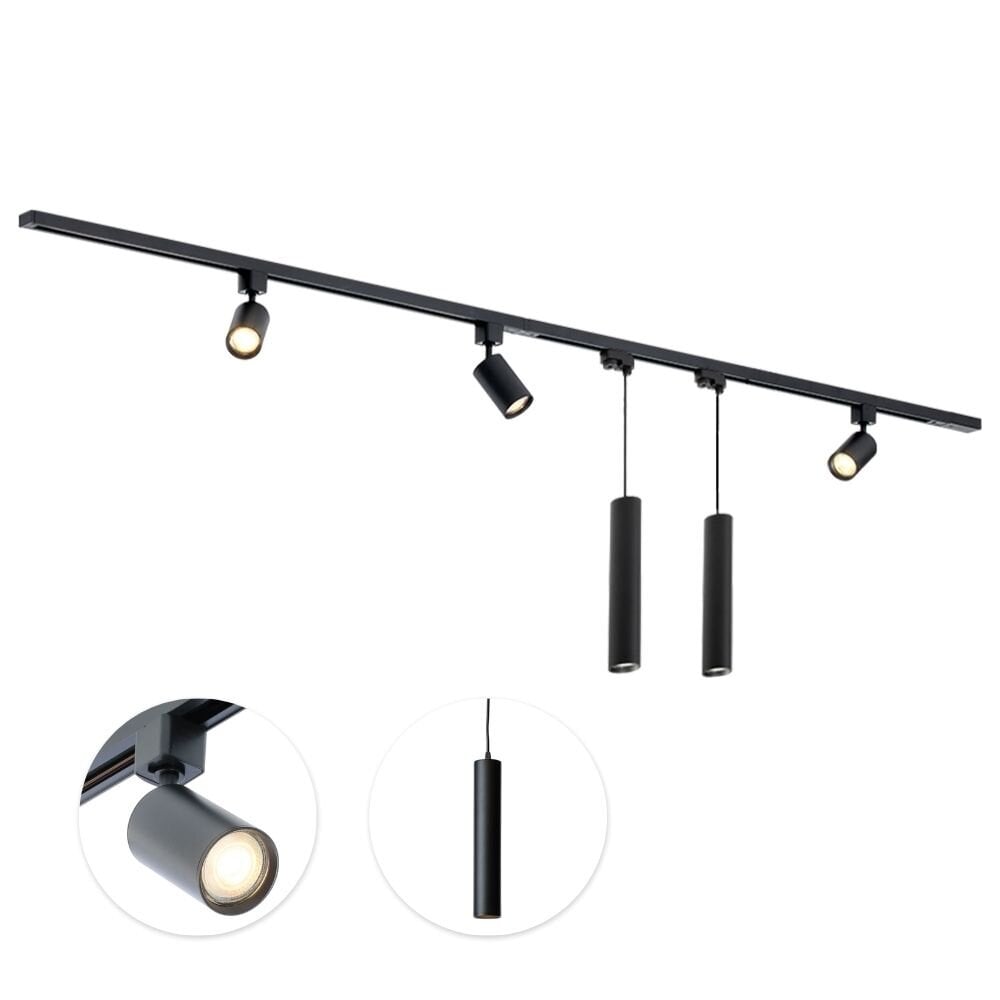 Qub Qub Focus III Monophasé Luminaire Plafonnier Kit Complet – 200cm - Set 3 Spot & 2 Suspension Luminaire - 2x 1m Barre de Spot Plafond –  I-Form - GU10 & LED Compatible Plafonnier intérieur Noir Moderne