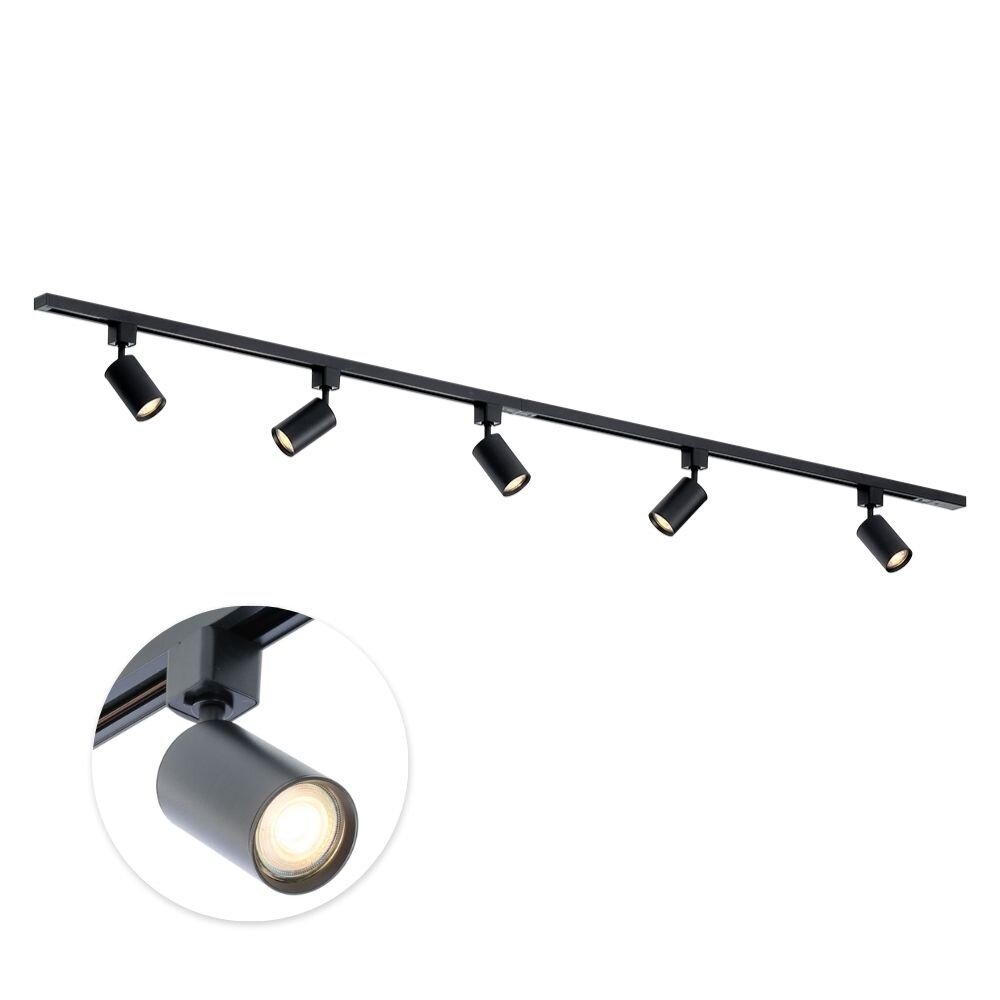 Qub Qub Focus III Monophasé Luminaire Plafonnier LED – 200cm - 5x GU10 Spot Sur Rail - 2x 1m Barre de Spot Plafond –  I-Form - Plafonnier intérieur Noir Moderne – Spots et Rails de Spots