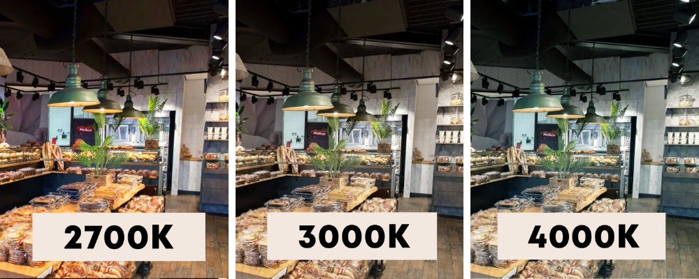 Voorbeelden van verschillende lichtkleuren in een winkel