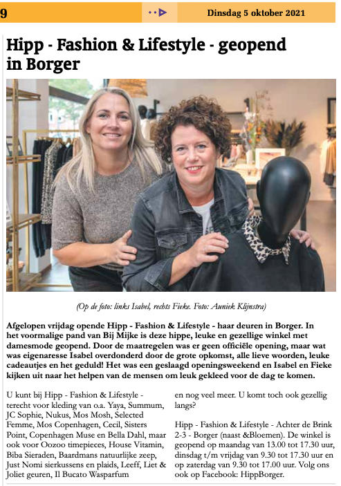 Hipp -Fashion & Lifestyle- Geopend in Borger 5 oktober 2021 Week in week uit