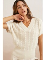 Yaya Yaya, Cable sweater, V-neck, short sleeves , rib details, Beige, Size: