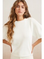 Yaya Yaya, Sweater, round neck, short puff sleeves, rib details, Off White, Size: