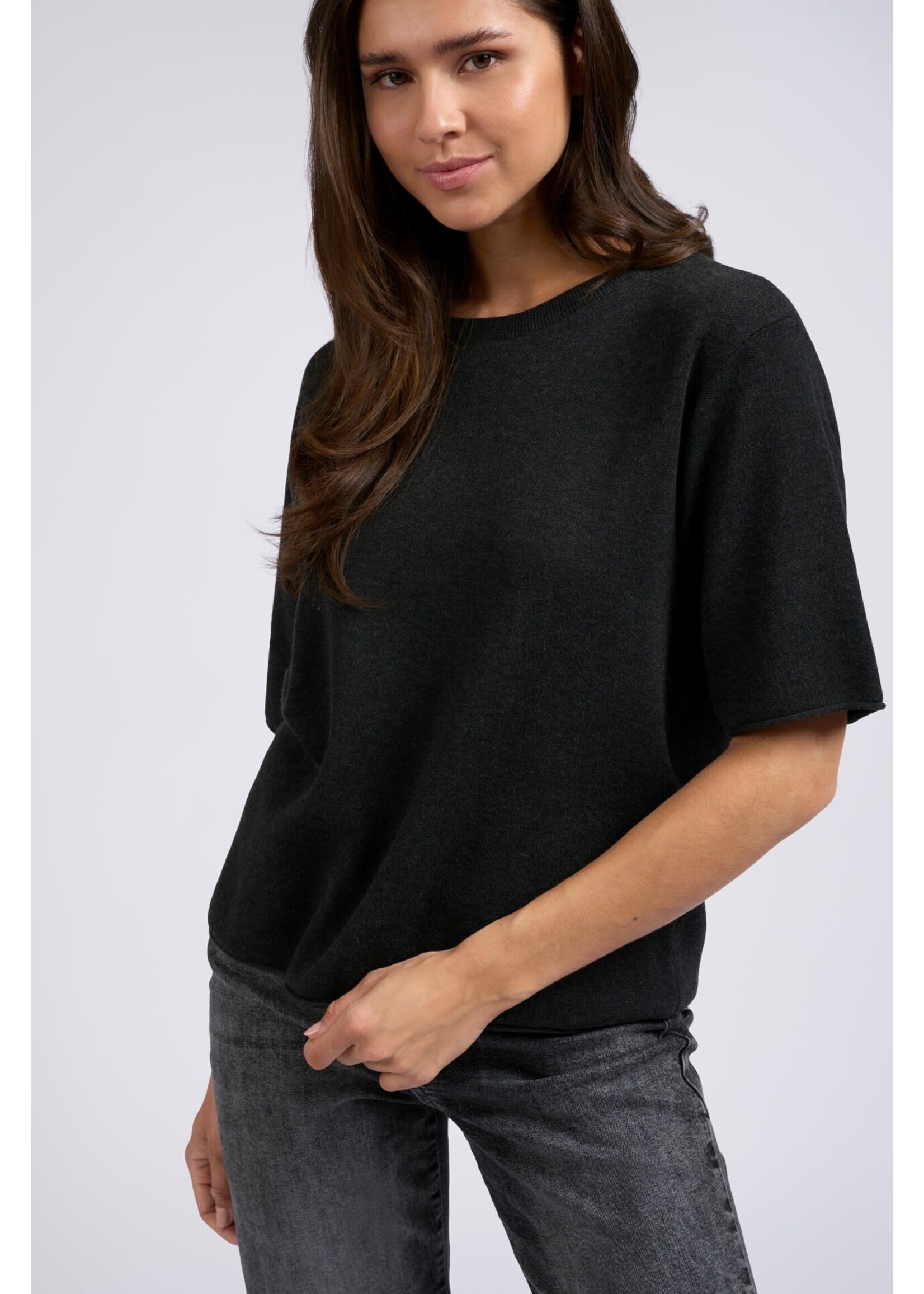 Yaya Yaya, Knitted jacquard sweater, round neck, short sleeves, Anthracite Melange, Size: