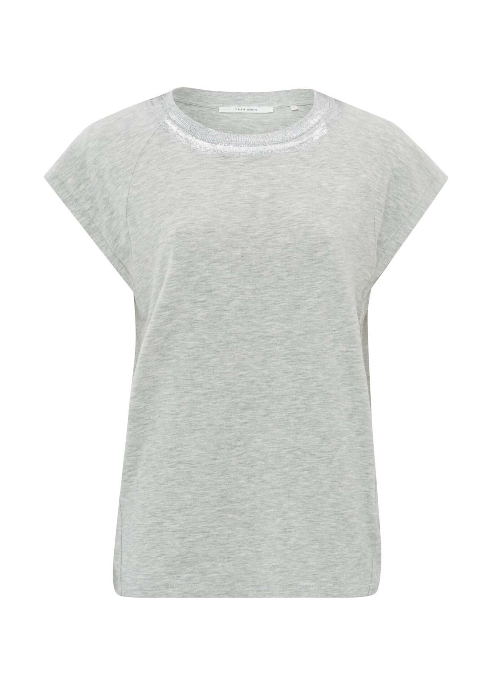 Yaya Yaya, Light gray jersey top, round neck, metallic detail, Medium Grey, Size: