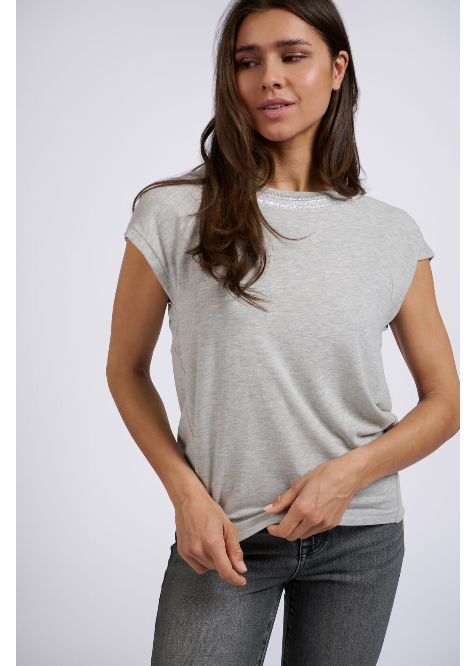 Yaya Yaya, Light gray jersey top, round neck, metallic detail, Medium Grey, Size: