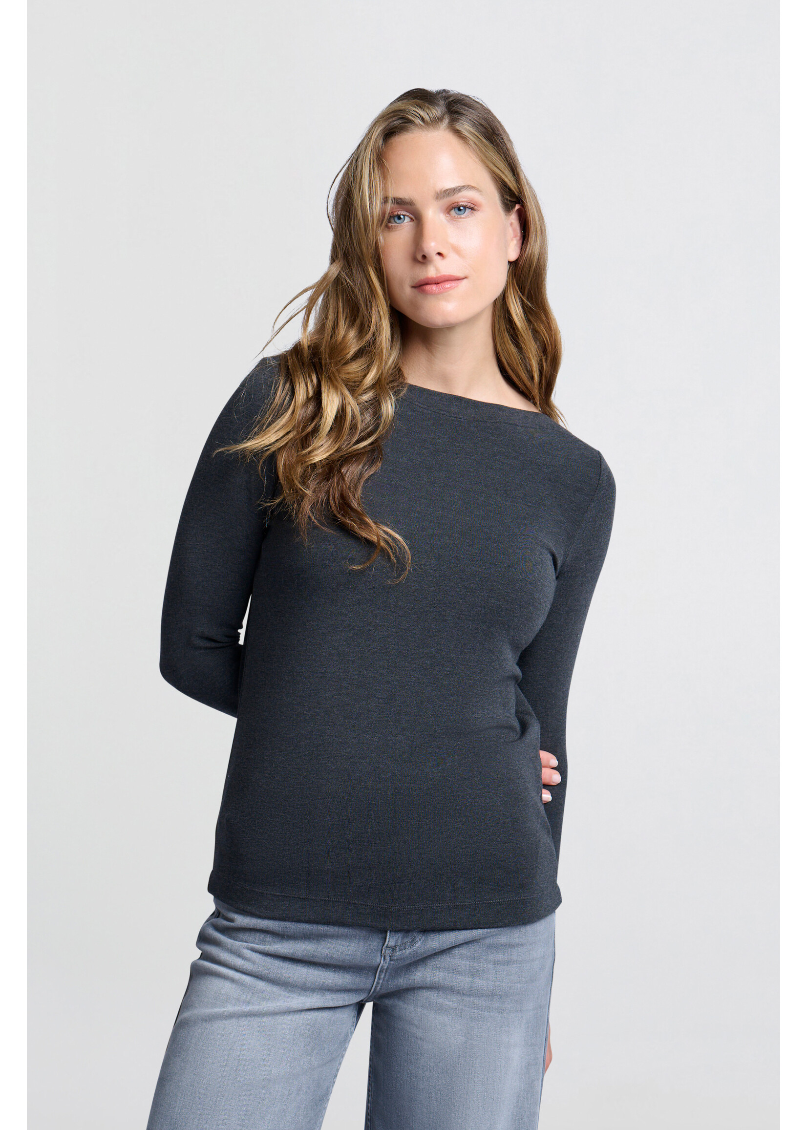 Yaya Yaya, Boat neck top with long sleeves, Anthracite, Size: