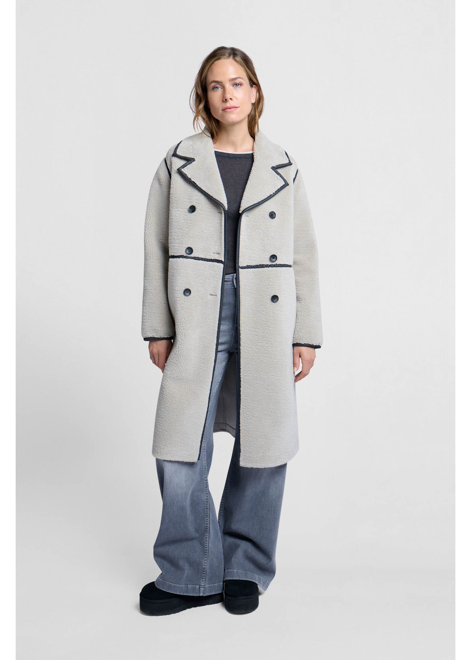 Yaya Yaya, Long teddy coat double-breasted, Dove Gray, Size: