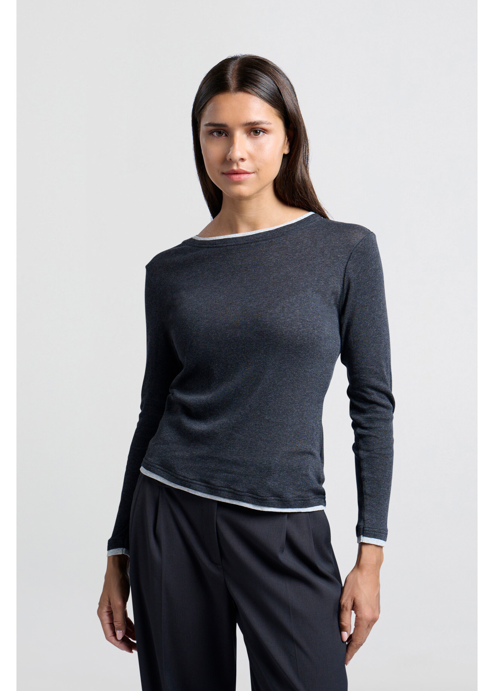 Yaya Yaya, Dark gray top with long sleeves, Anthracite Melange, Size: