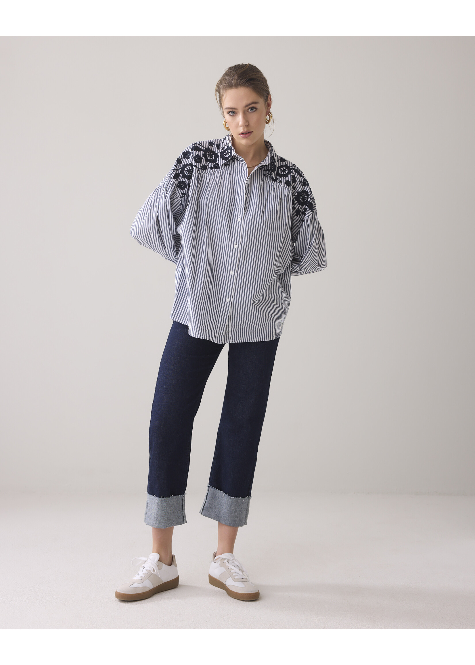 Summum Summum, Longsleeve blouse Stripe Cotton, Navy Noir, Size: