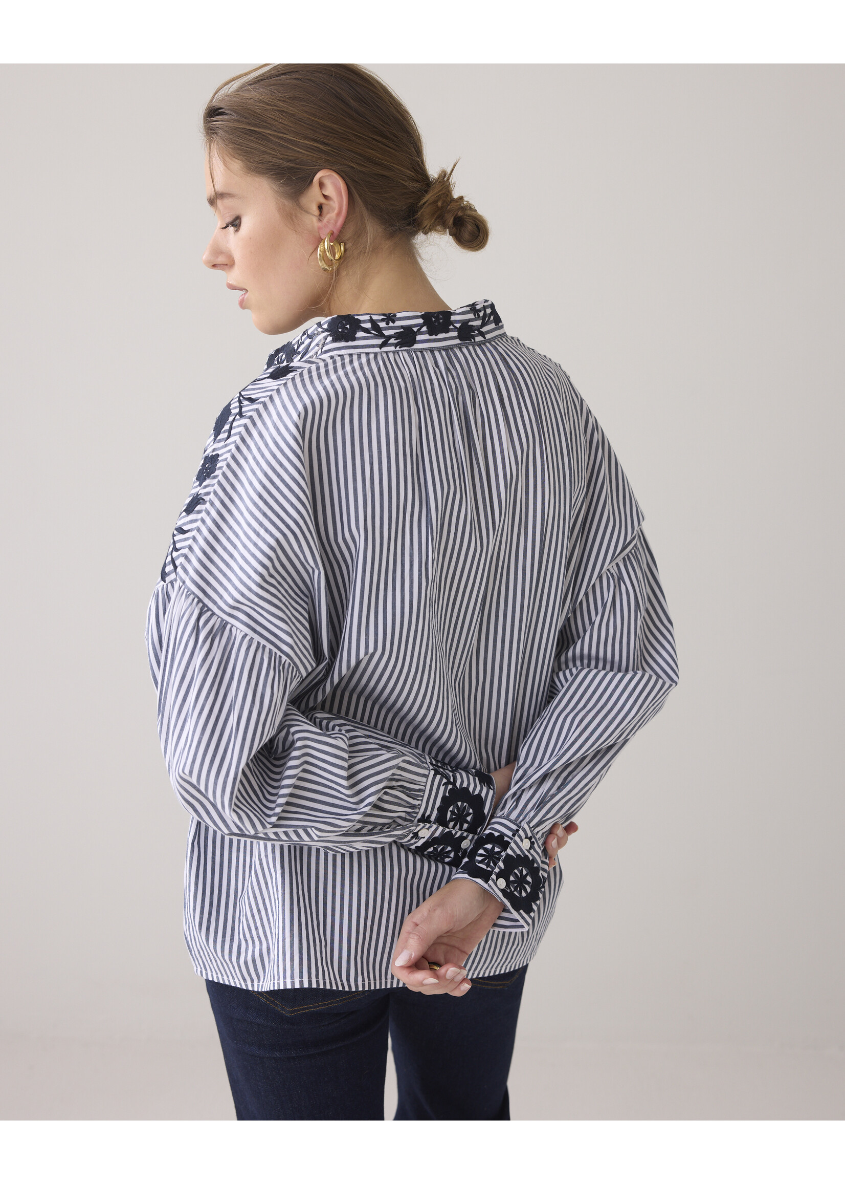 Summum Summum, Longsleeve blouse Stripe Cotton, Navy Noir, Size: