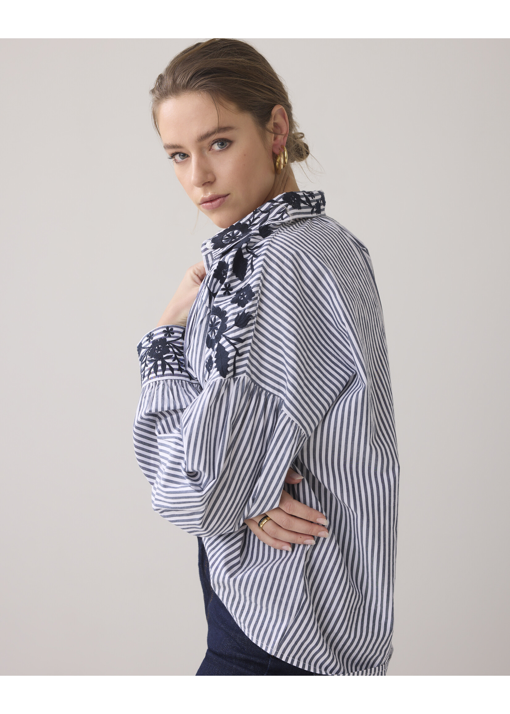 Summum Summum, Longsleeve blouse Stripe Cotton, Navy Noir, Size: