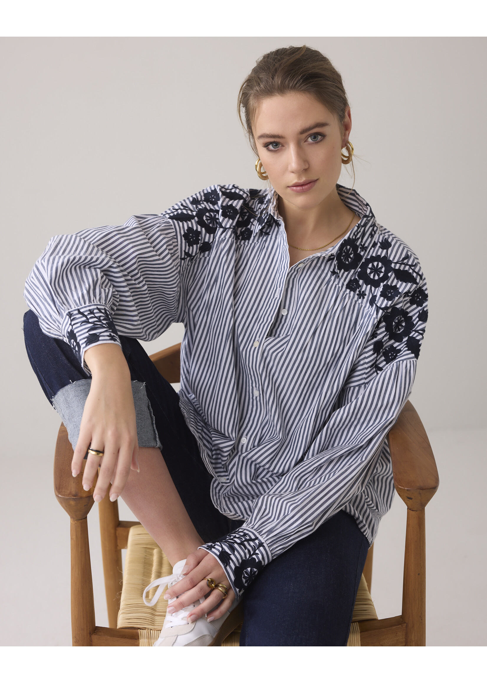 Summum Summum, Longsleeve blouse Stripe Cotton, Navy Noir, Size: