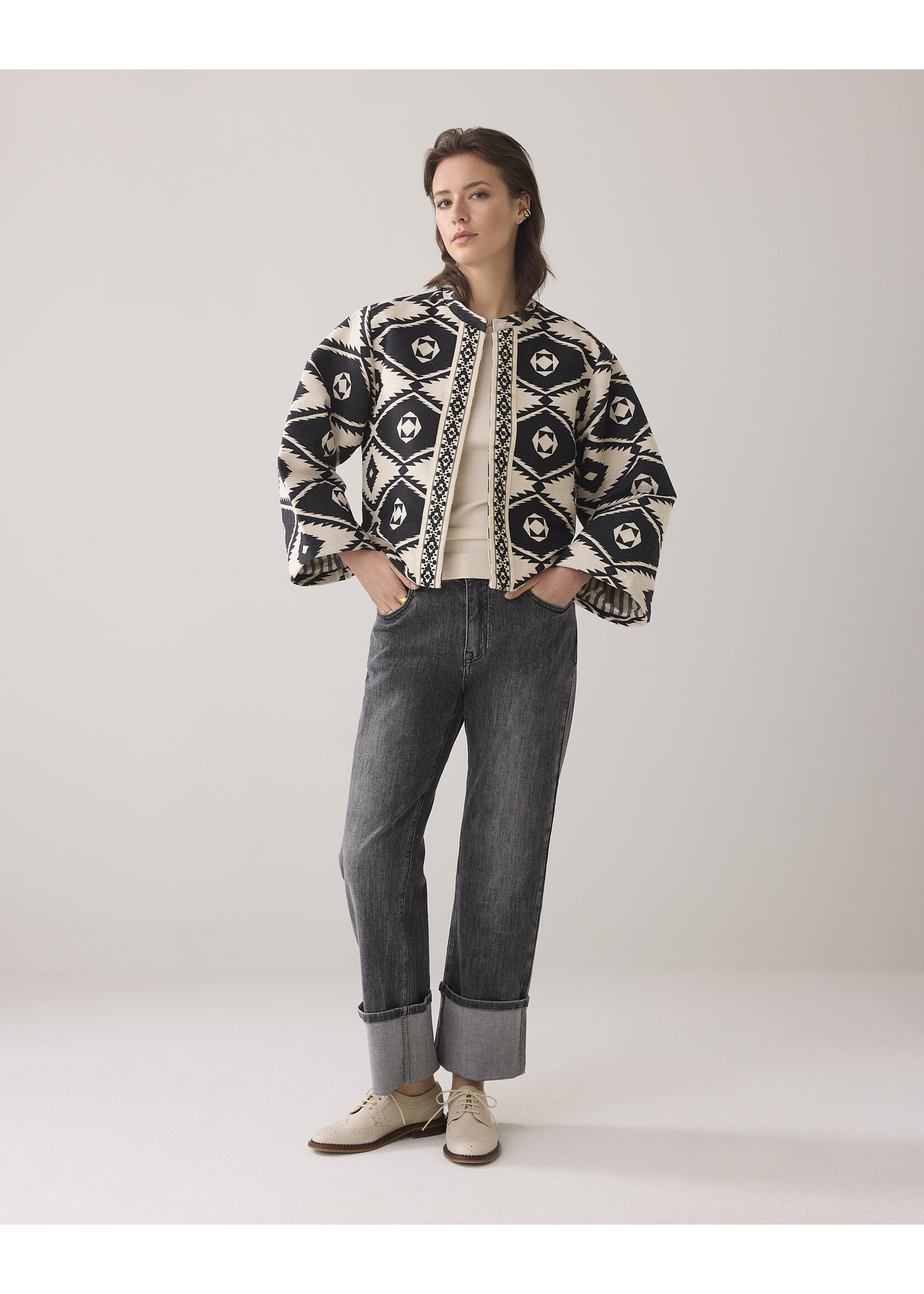 Summum Summum, Short round neck jacket Geo Aztek, Black, Size: