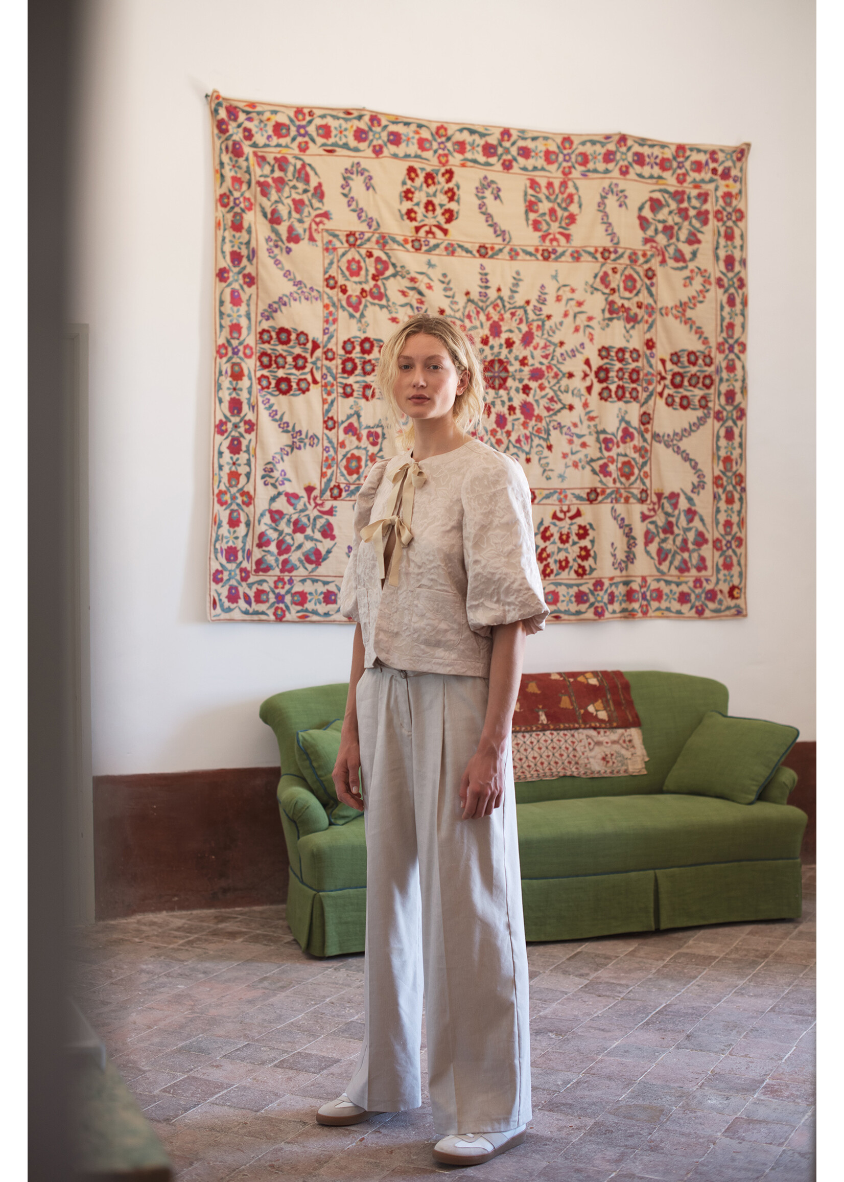 Summum Summum, Trousers wide linen blend twill, Pebble Beige, Size: