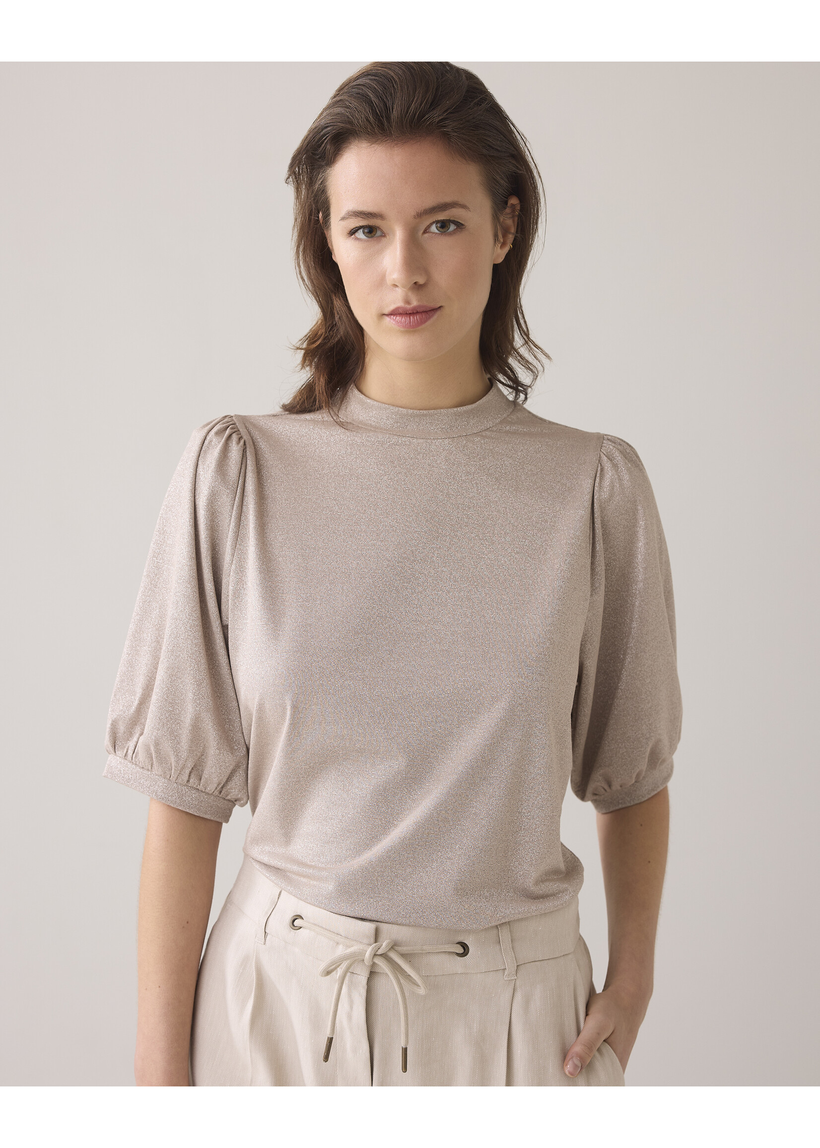 Summum Summum, Short sleeve top Soft Lurex Jersey, Pebble Beige, Size: