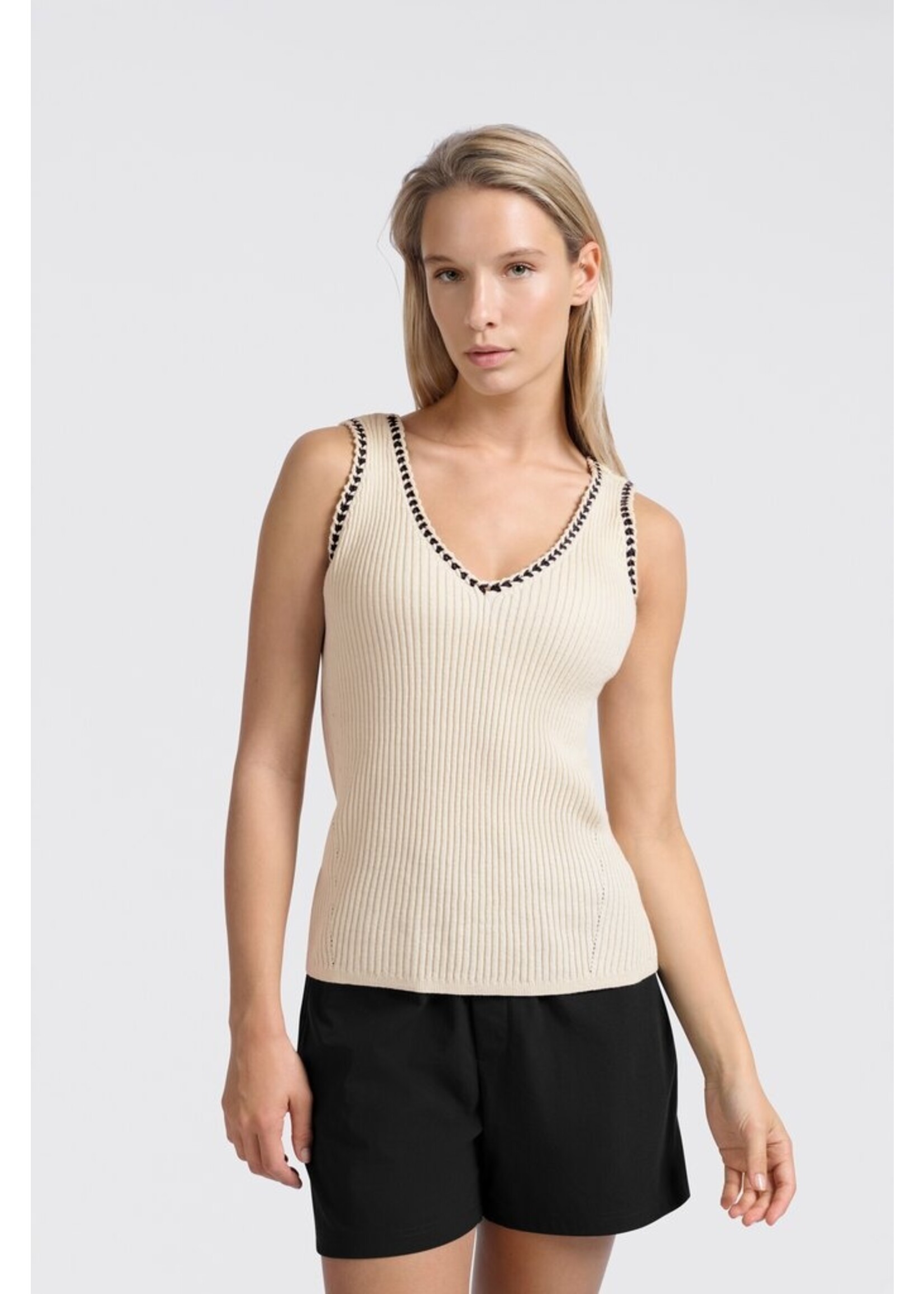 Yaya Yaya, Ribbed tank top with stitch detail, Summer Sand, Size: