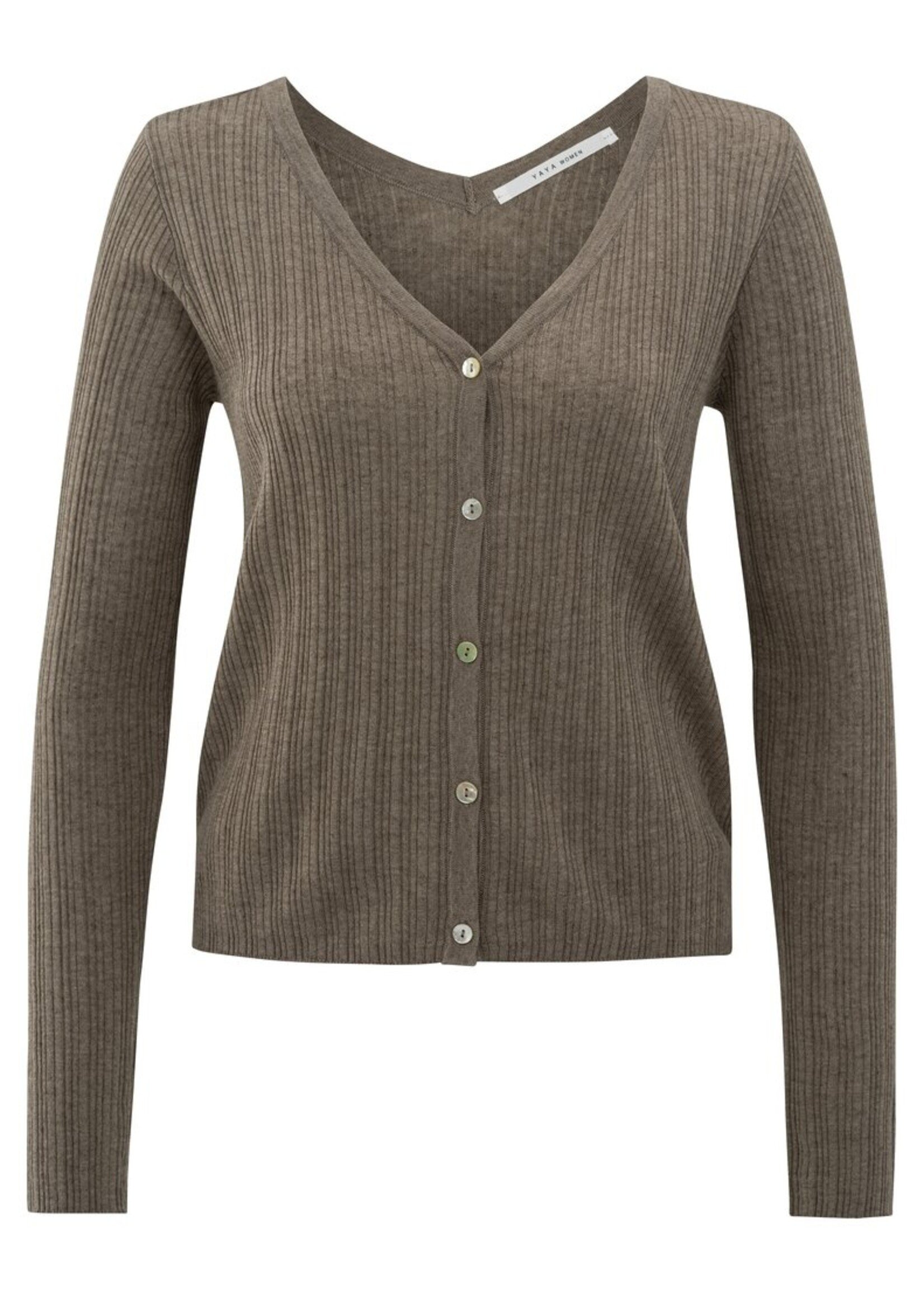 Yaya Yaya, Fijngebreid ribvest met V-hals, Greyish bworn melange, Size: