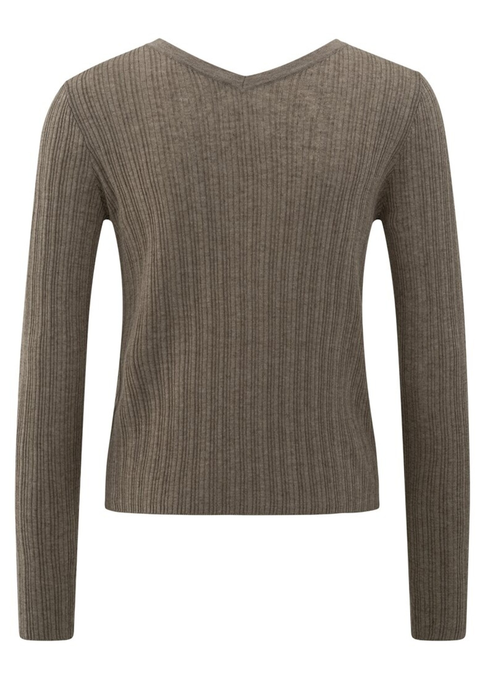 Yaya Yaya, Fijngebreid ribvest met V-hals, Greyish bworn melange, Size: