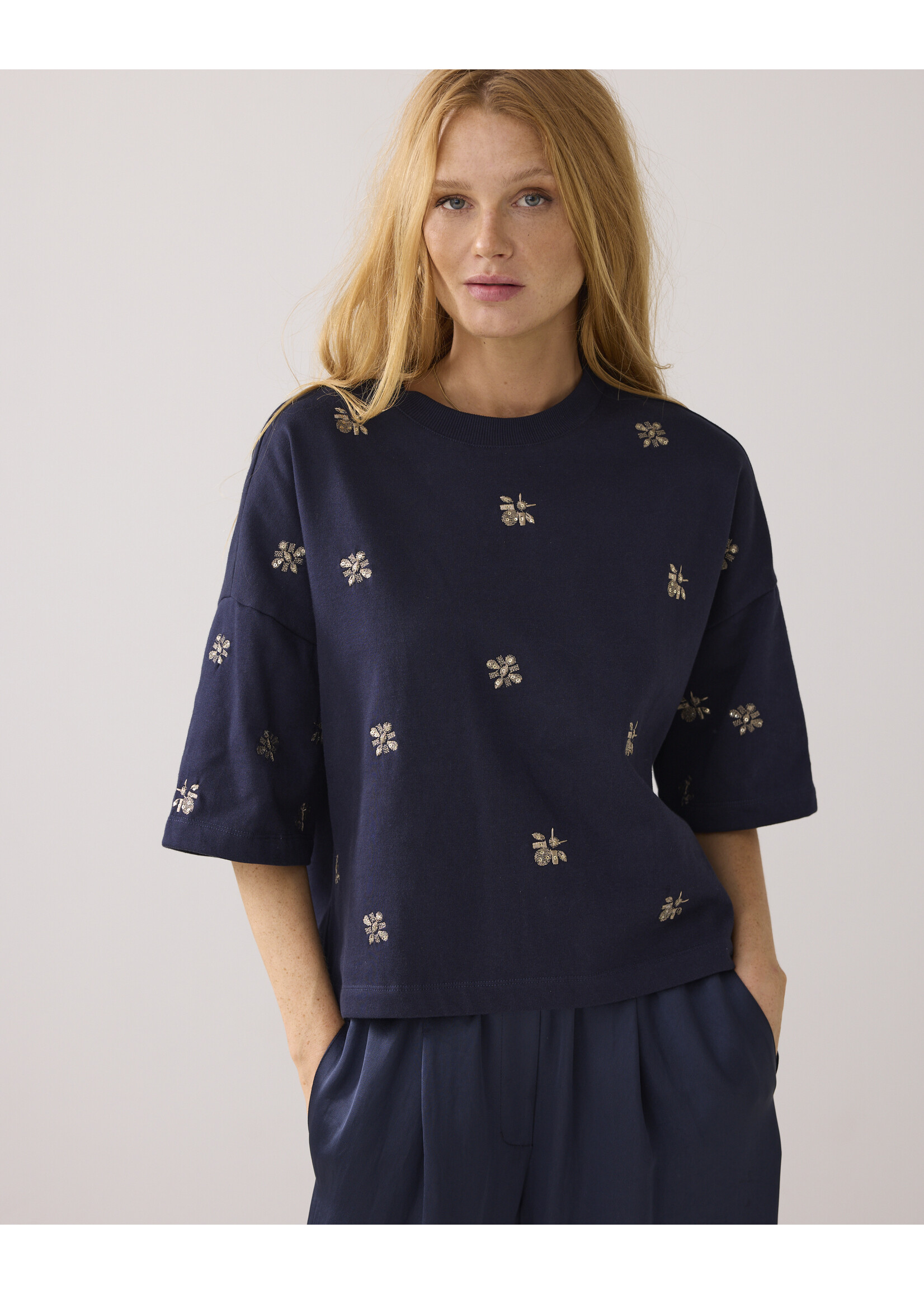 Summum Summum, Embellished shortsleeve, Navy, Size: