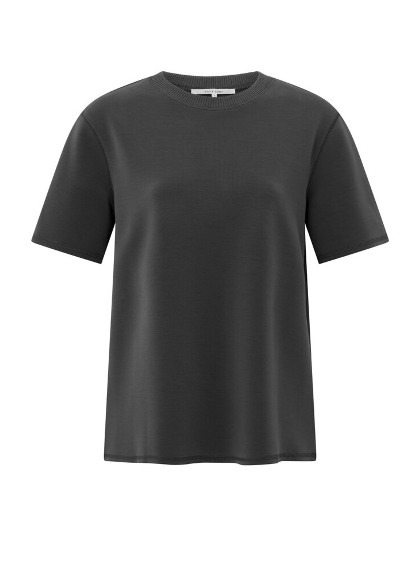 Yaya Yaya, T-shirt met korte mouwen en gebreide ribkraag, Oyster Black, Size:
