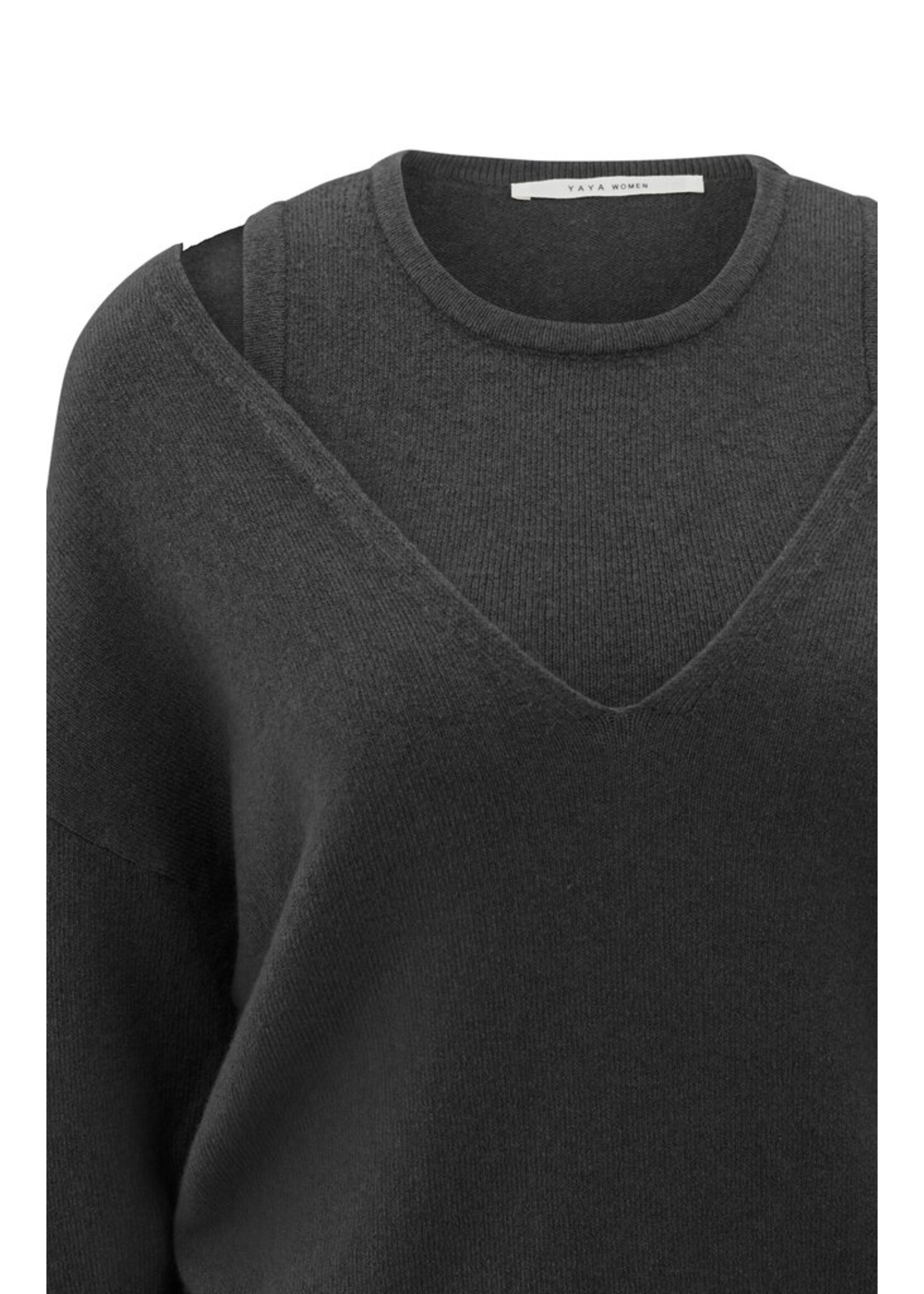 Yaya Yaya, Gebreide trui met diepe V-hals en bijpassende top, Oyster black, Size: