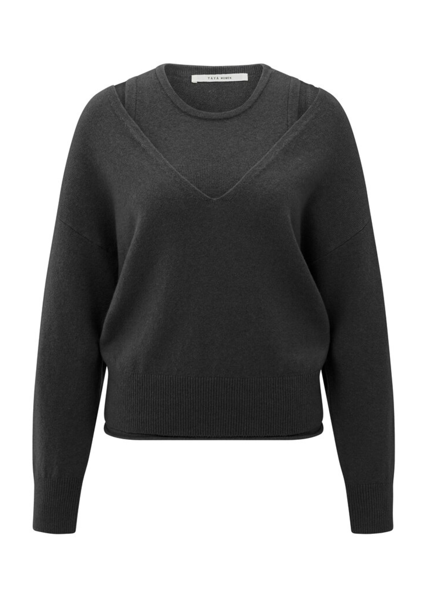 Yaya Yaya, Gebreide trui met diepe V-hals en bijpassende top, Oyster black, Size: