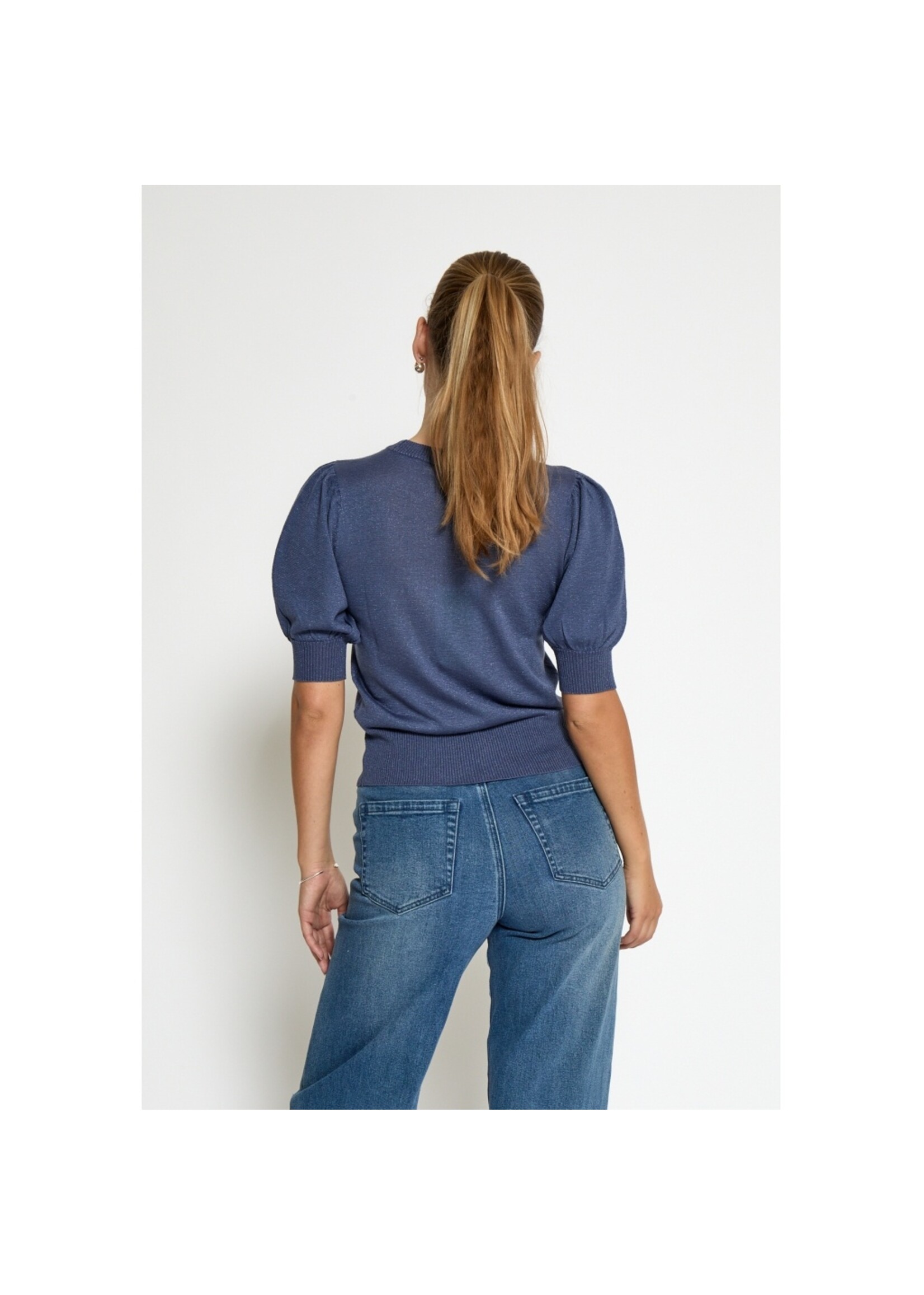 Minus Minus, MSLiva Puff Sleeve Metallic Knit Pullover, Blue, Size: