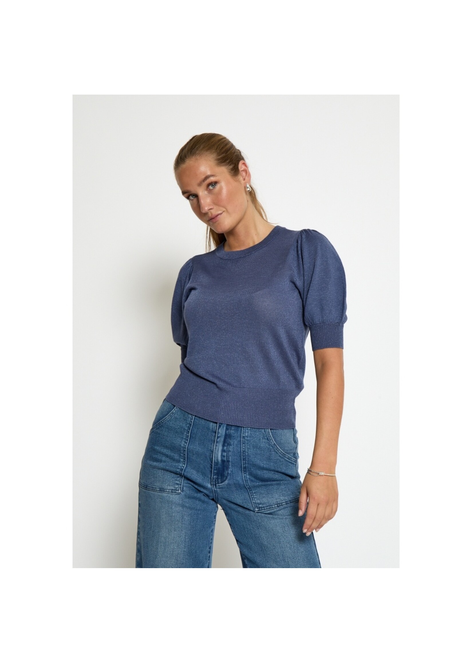 Minus Minus, MSLiva Puff Sleeve Metallic Knit Pullover, Blue, Size: