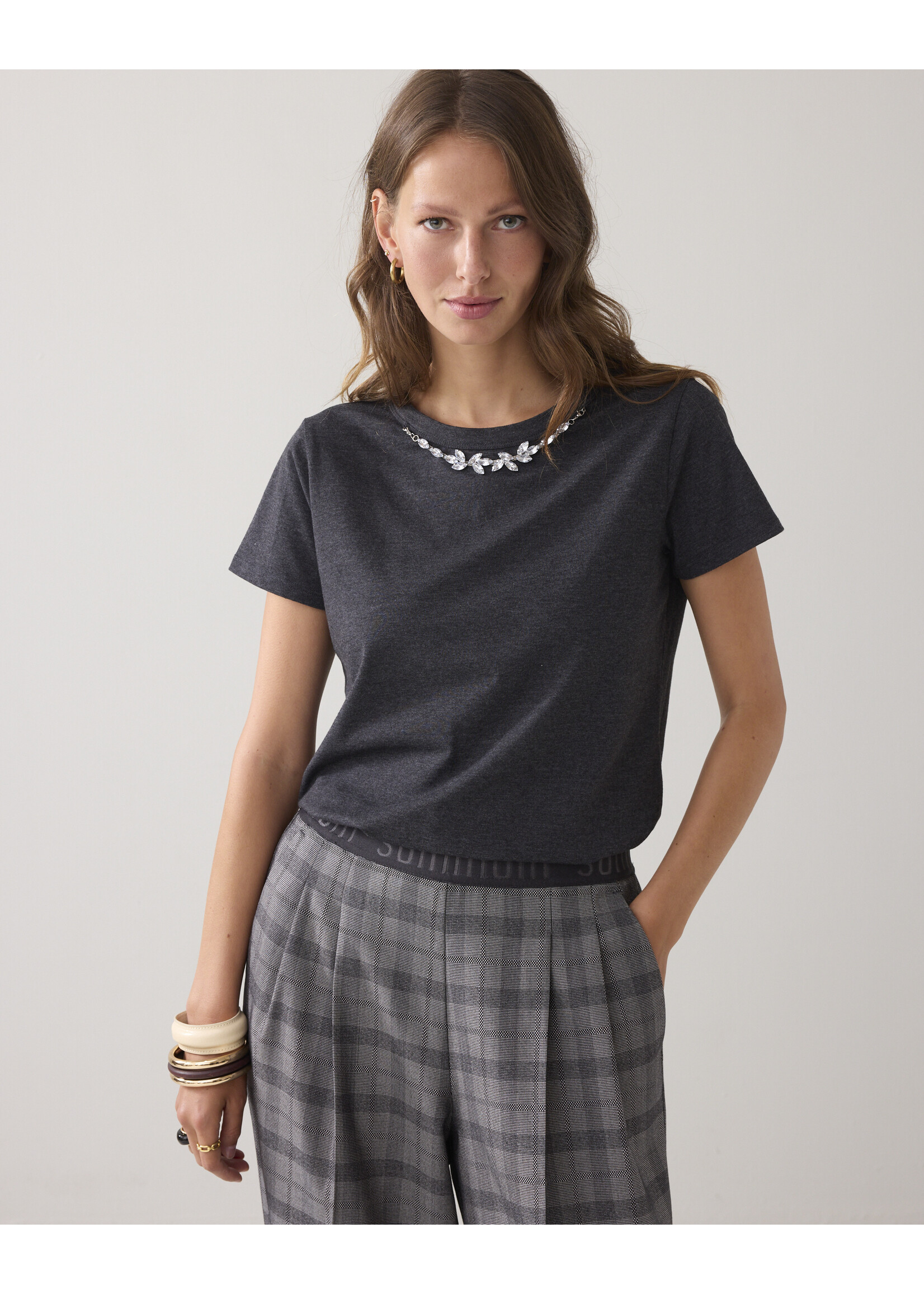 Summum Summum, T-shirt met necklace detail, Antraciet, Size: