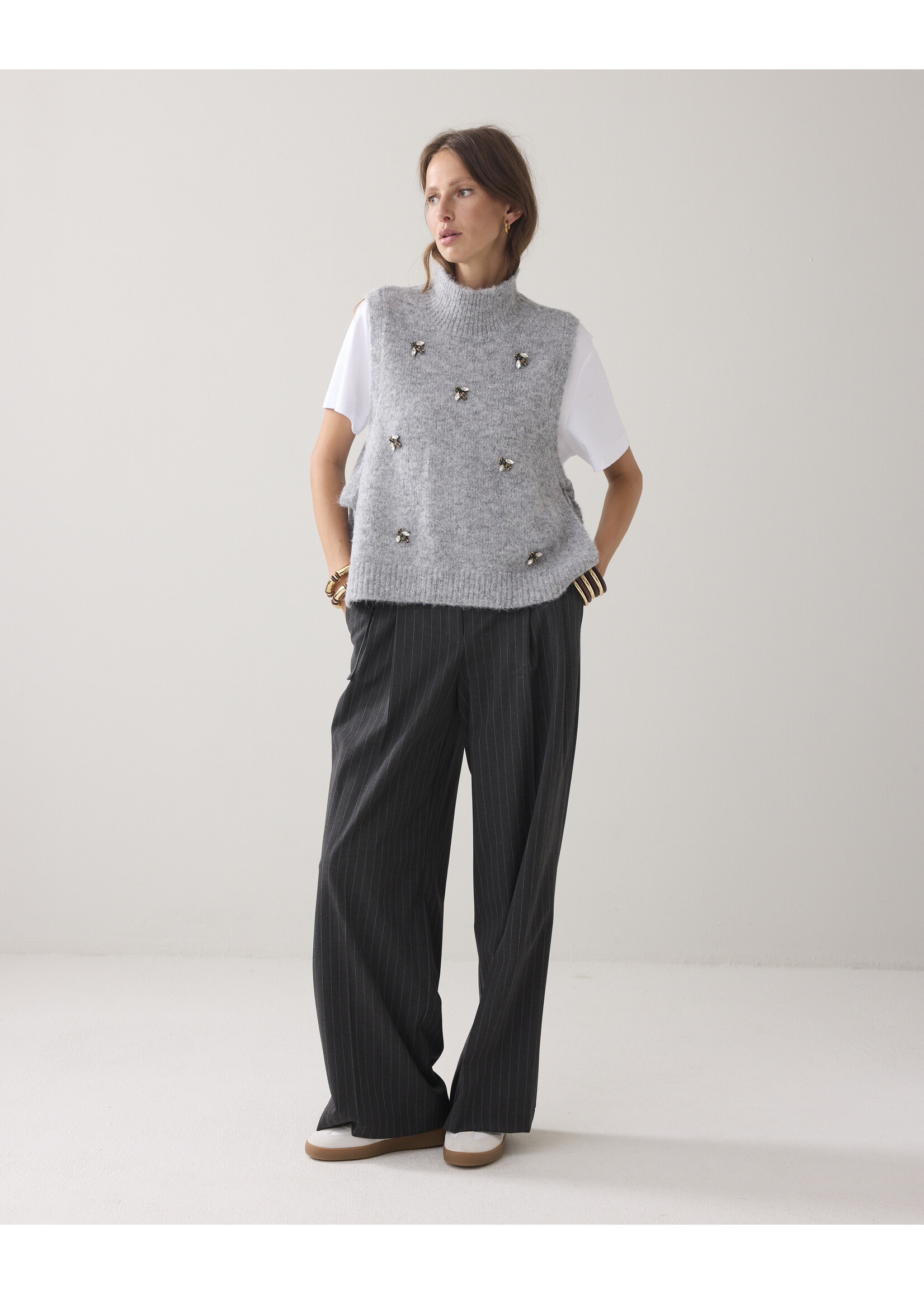 Summum Summum, Embellished spencer cozy melange knit, Mist, Size: