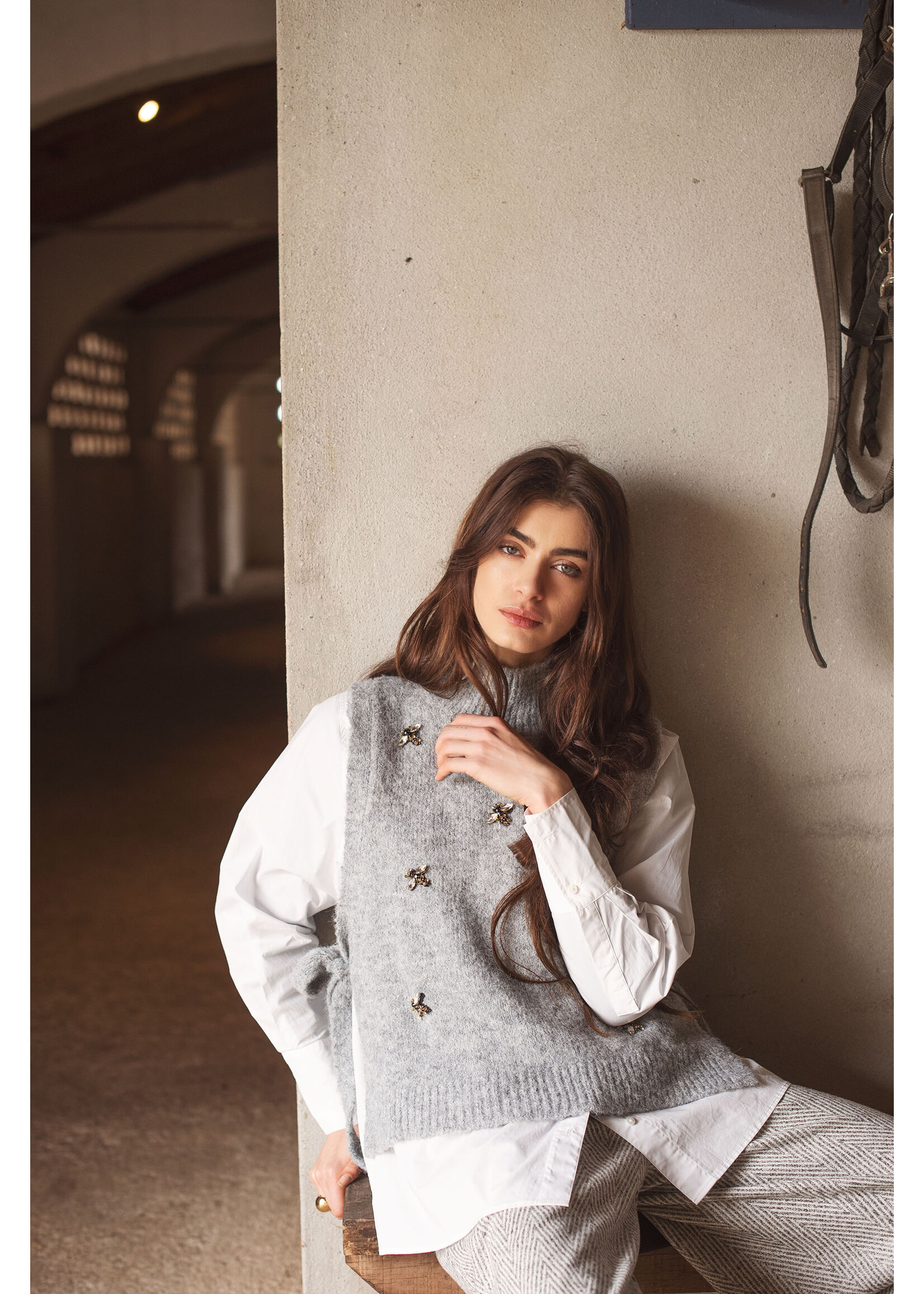 Summum Summum, Embellished spencer cozy melange knit, Mist, Size: