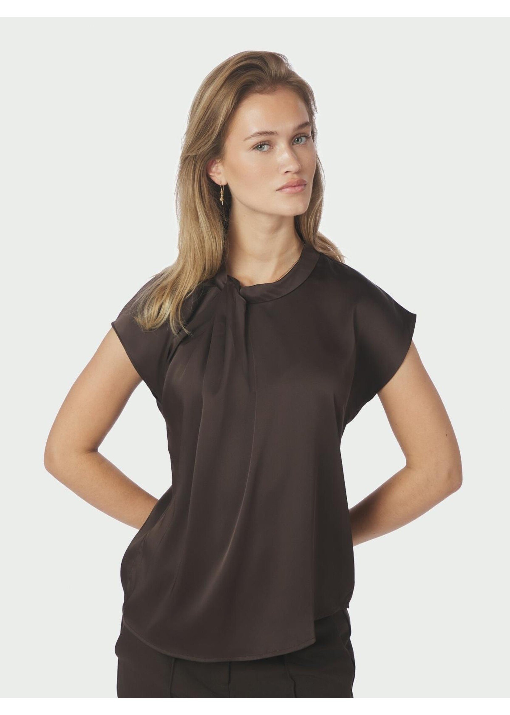 Neo Noir Neo Noir, Fleur Drapy Satin Blouse, Dark brown, Size: