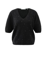 Yaya Yaya, Zachte V-hals trui met subtiele strass steentjes, Black, Size: