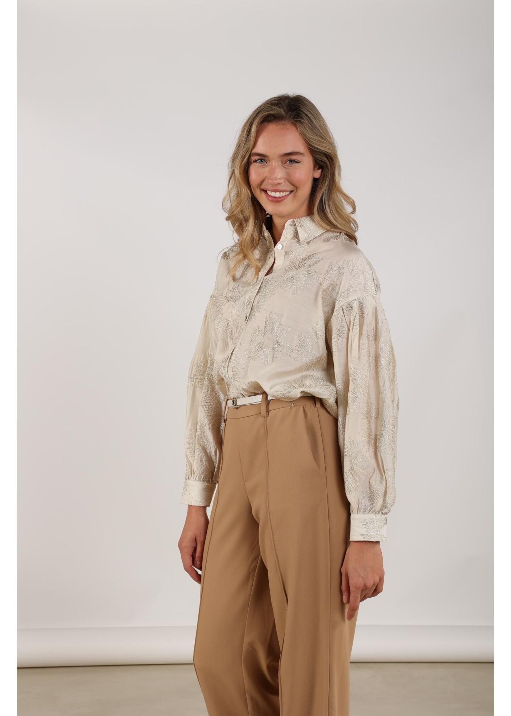 Nukus Nukus, Nola Blouse Embroidery, Offwhite/Gold, Size: