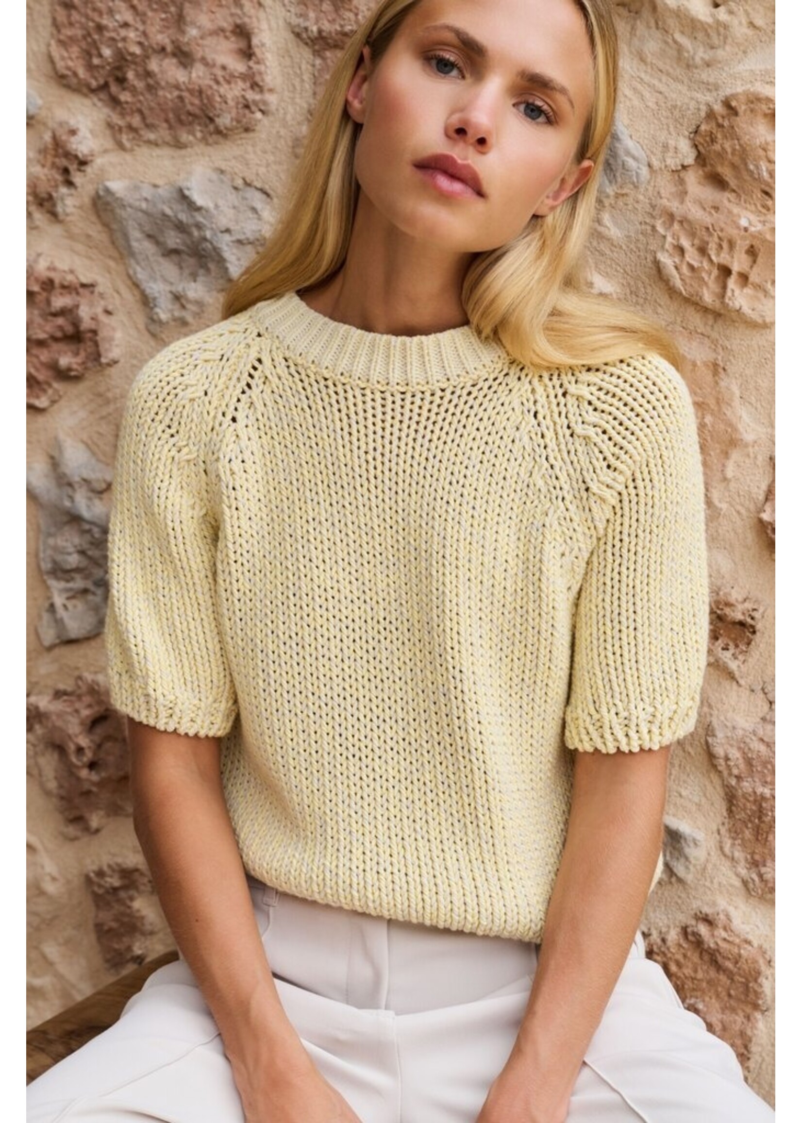 Yaya Yaya, Grofgebreide trui met korte mouwen, Reed yellow dessin, Size: